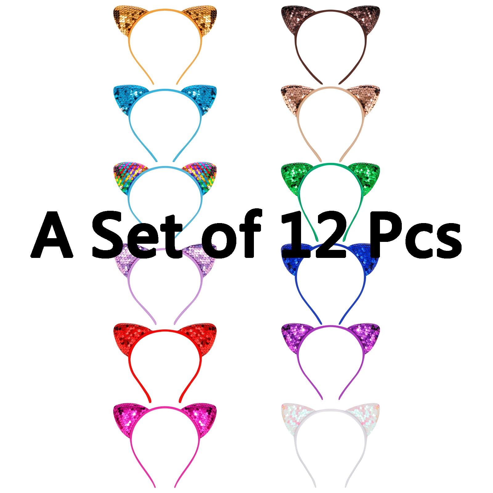COCIDE 12Pcs Cat Ears Headbands Set with Sequins for Girls - Birthday Party, Halloween Hair Accessories and Favors - Image 7