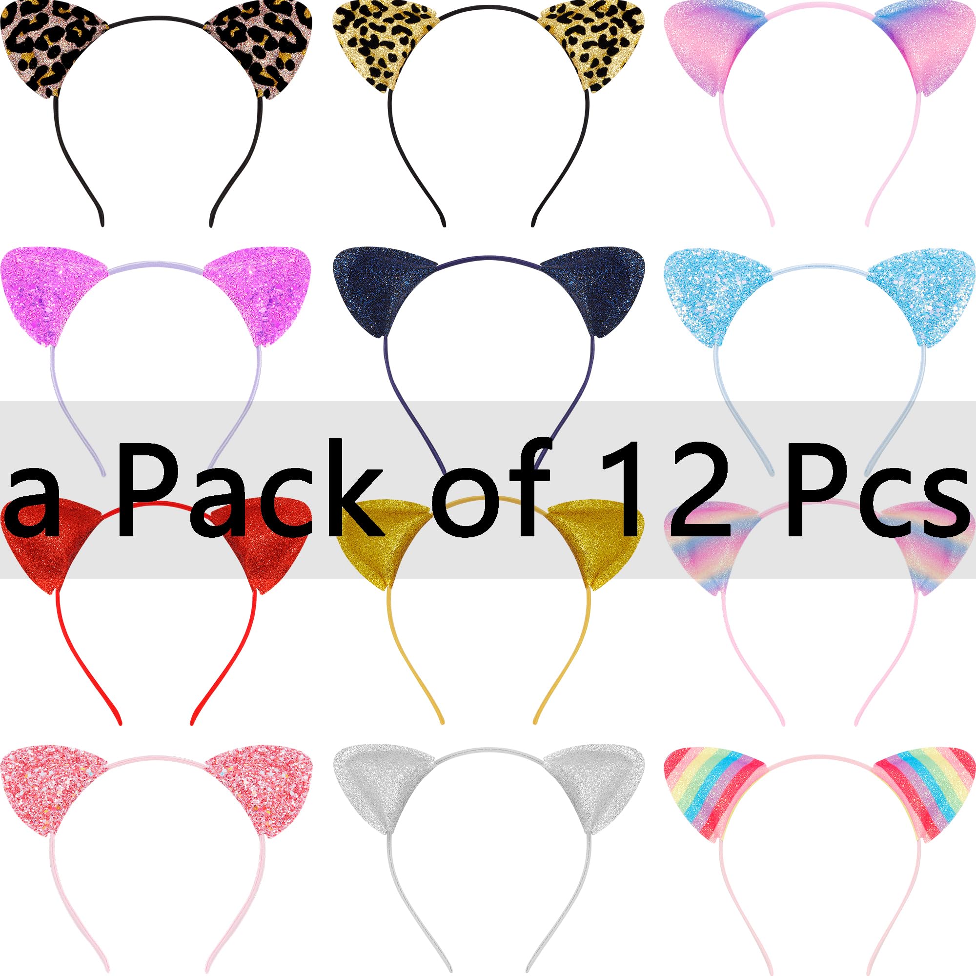 COCIDE 12Pcs Cat Ears Headbands Set with Sequins for Girls - Birthday Party, Halloween Hair Accessories and Favors - Image 7