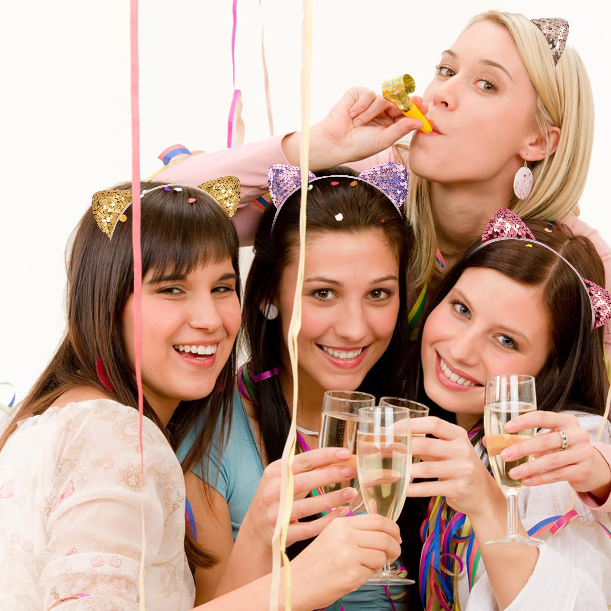 COCIDE 12Pcs Cat Ears Headbands Set with Sequins for Girls - Birthday Party, Halloween Hair Accessories and Favors - Image 3