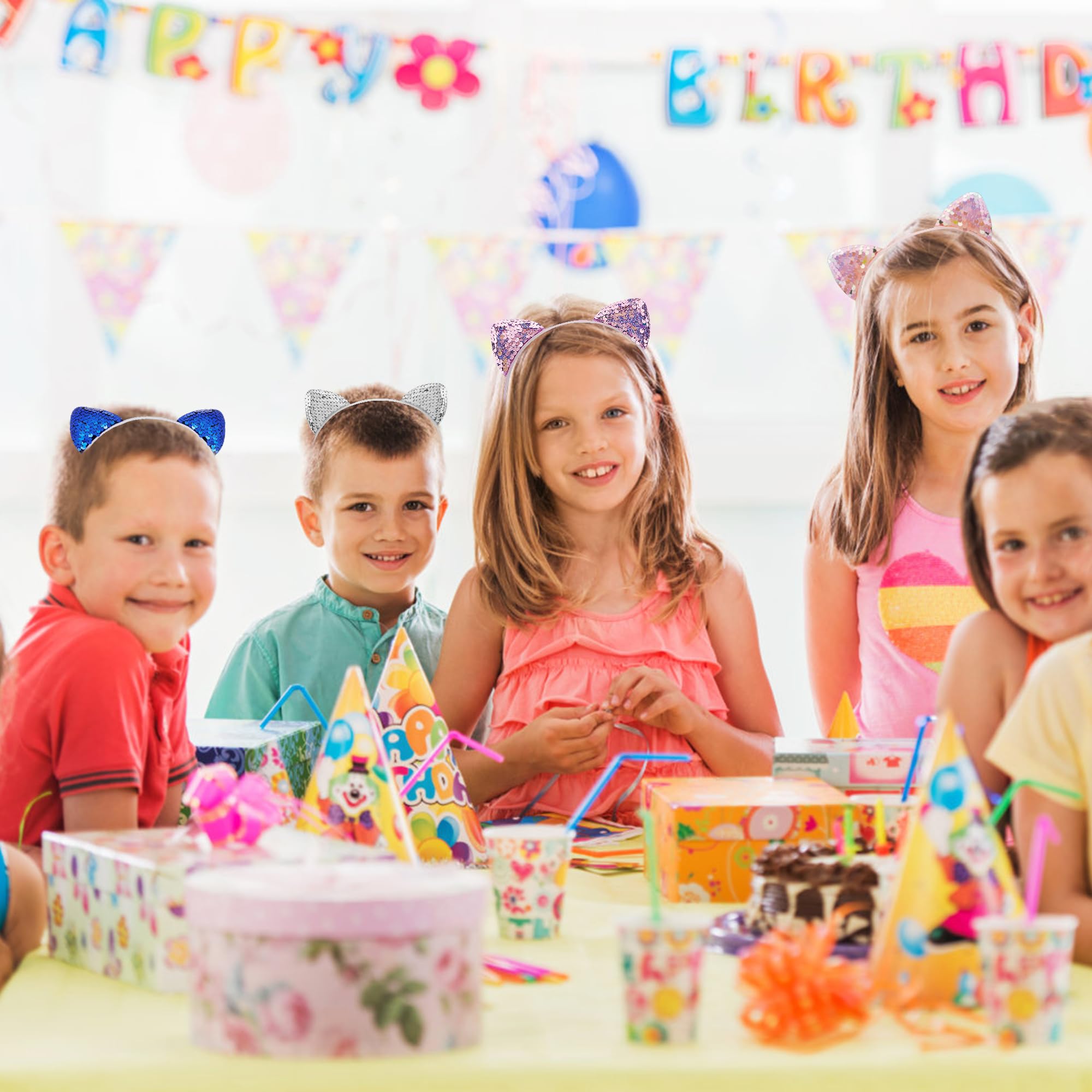 COCIDE 12Pcs Cat Ears Headbands Set with Sequins for Girls - Birthday Party, Halloween Hair Accessories and Favors - Image 4