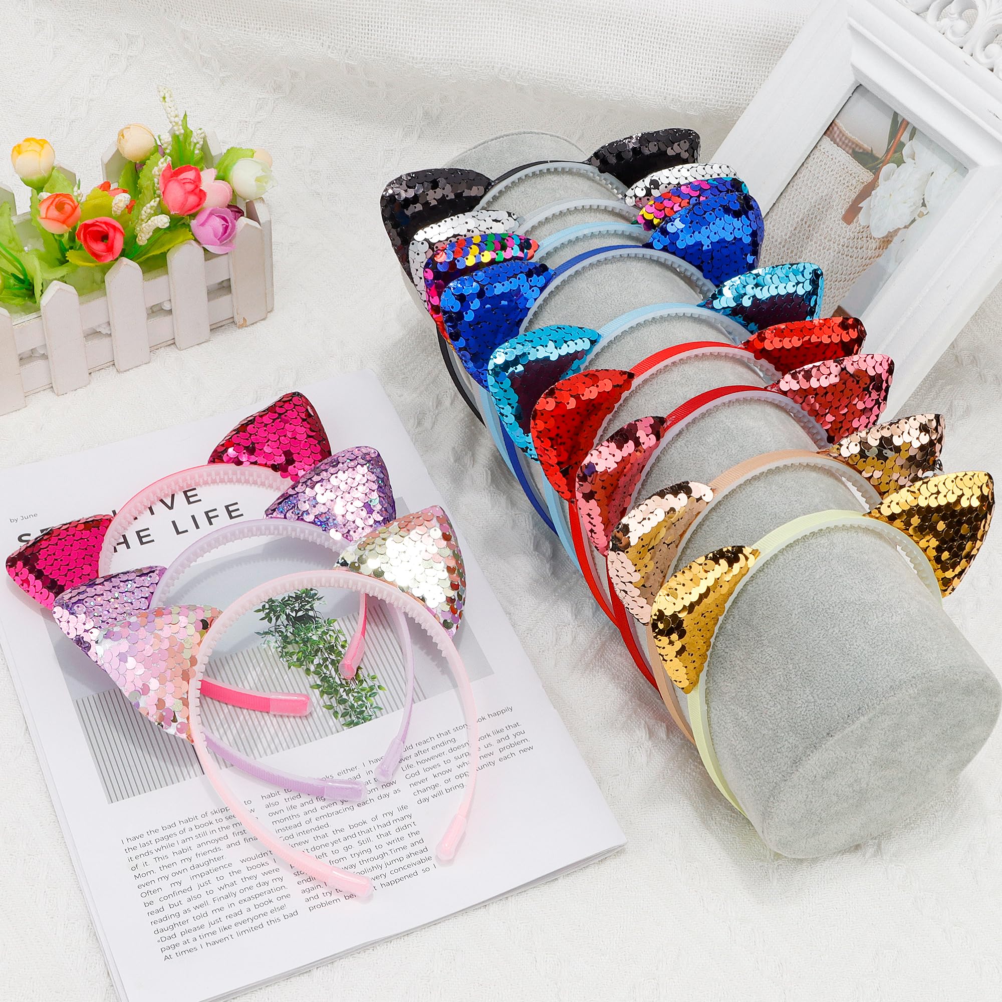 COCIDE 12Pcs Cat Ears Headbands Set with Sequins for Girls - Birthday Party, Halloween Hair Accessories and Favors - Image 5