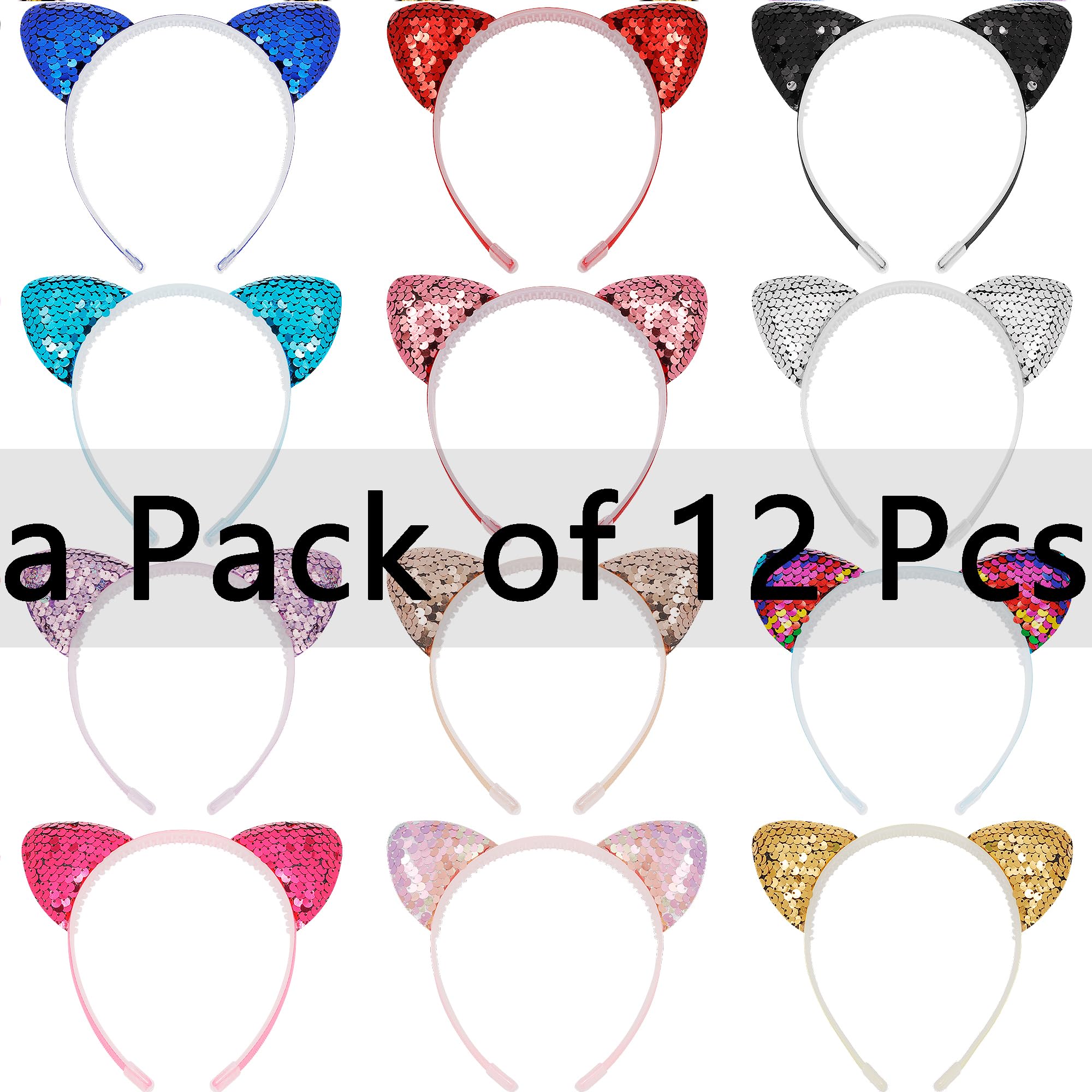 COCIDE 12Pcs Cat Ears Headbands Set with Sequins for Girls - Birthday Party, Halloween Hair Accessories and Favors - Image 7