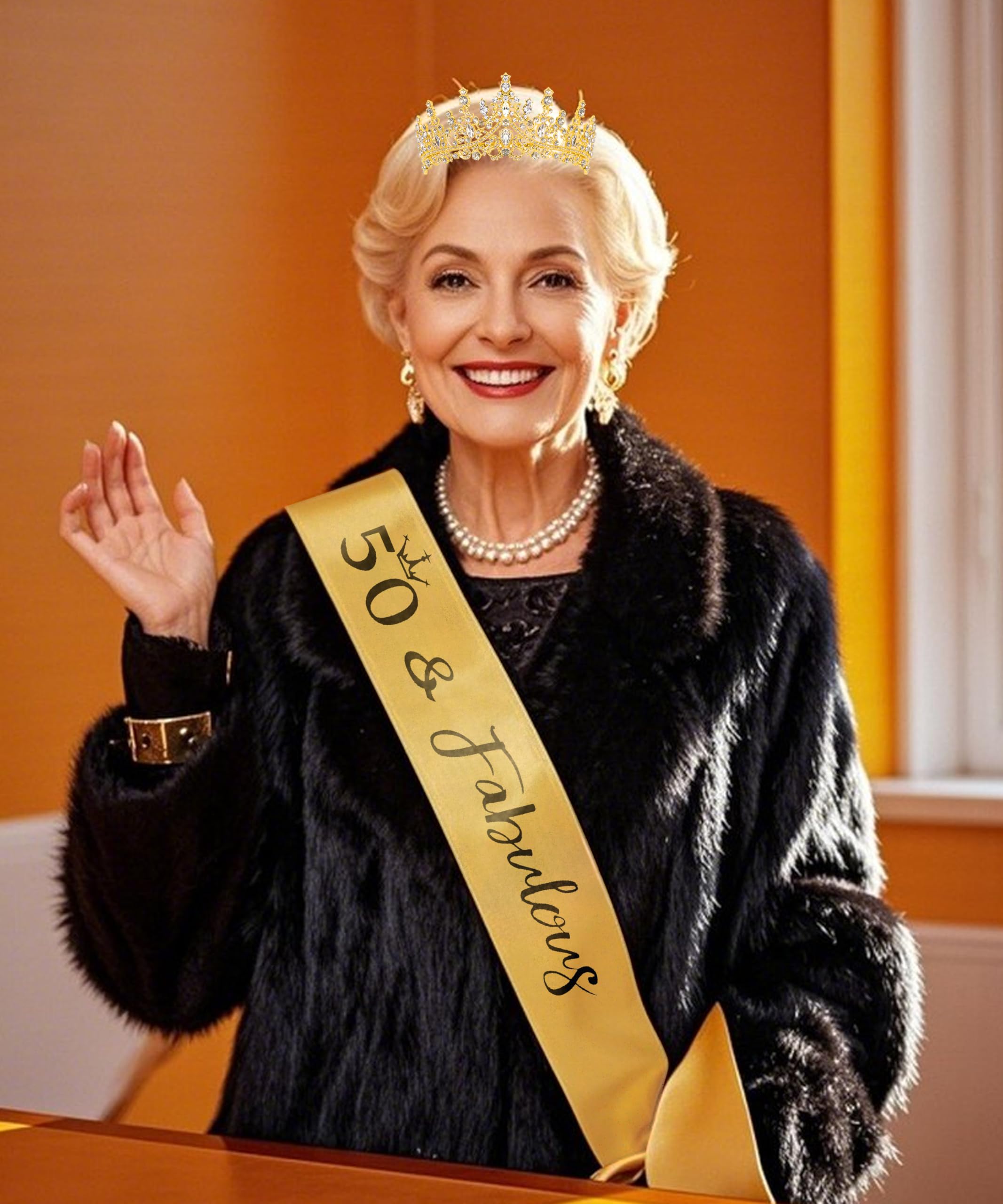 COCIDE 50th Birthday Sash for Women + 50th Crown for Women + Pearl Pin - 50 & Fabulous Sashes Tiara Hair Accessories Gifts Party Decorations & Favors (50th Sash&Tiara&Pin, Gold, One Size) - Image 3