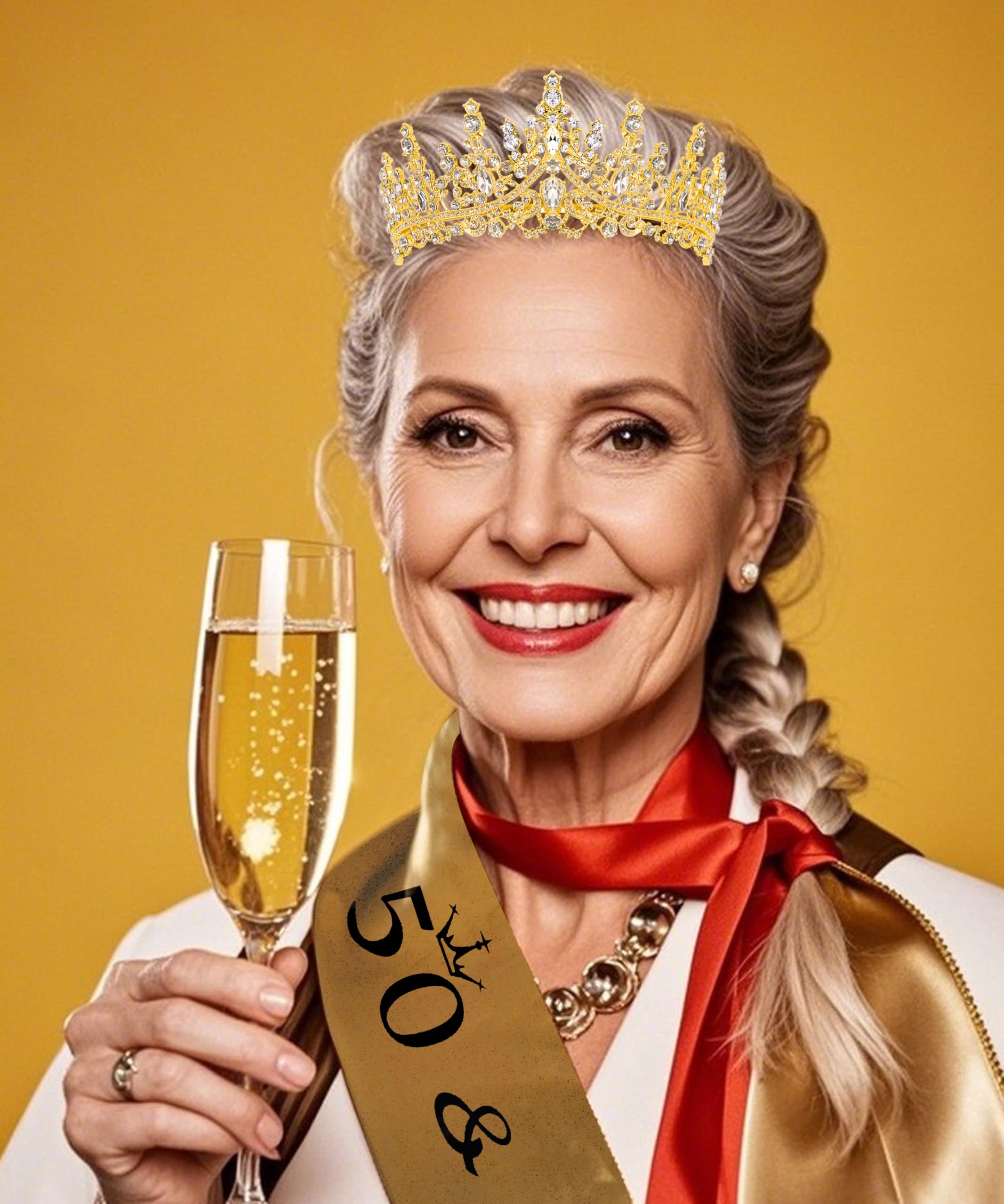 COCIDE 50th Birthday Sash for Women + 50th Crown for Women + Pearl Pin - 50 & Fabulous Sashes Tiara Hair Accessories Gifts Party Decorations & Favors (50th Sash&Tiara&Pin, Gold, One Size) - Image 4