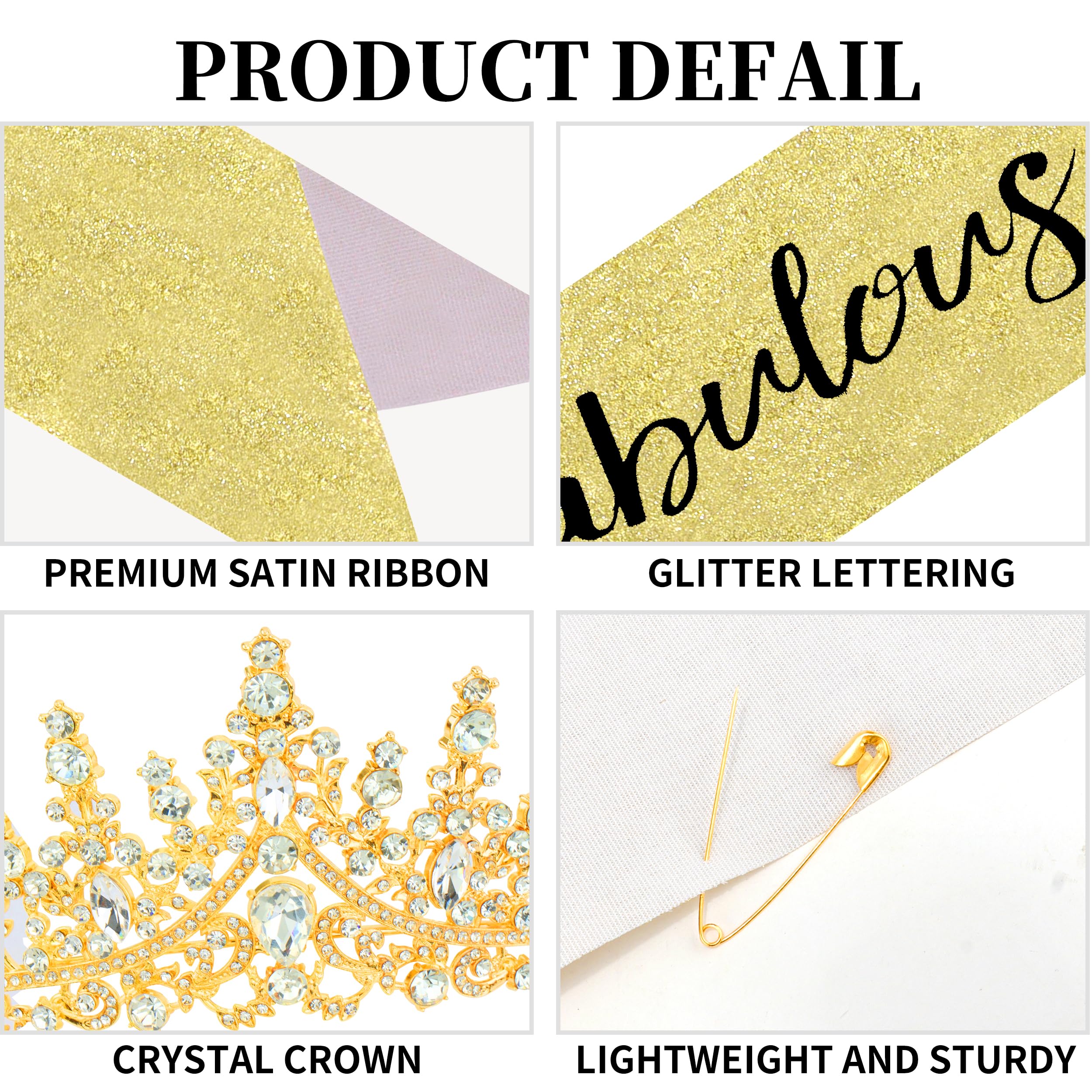 COCIDE 50th Birthday Sash for Women + 50th Crown for Women + Pearl Pin - 50 & Fabulous Sashes Tiara Hair Accessories Gifts Party Decorations & Favors (50th Sash&Tiara&Pin, Gold, One Size) - Image 6