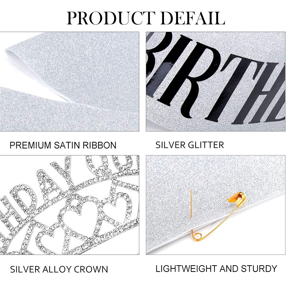 COCIDE Birthday Sash for Girls Silver Tiara and Crowns for Women Birthday Decorations Set Gift for Her Rhinestone Headband Crystal Hair Accessories for Cake Toppers Birth Hairpiece Hair Band for Party - Image 5