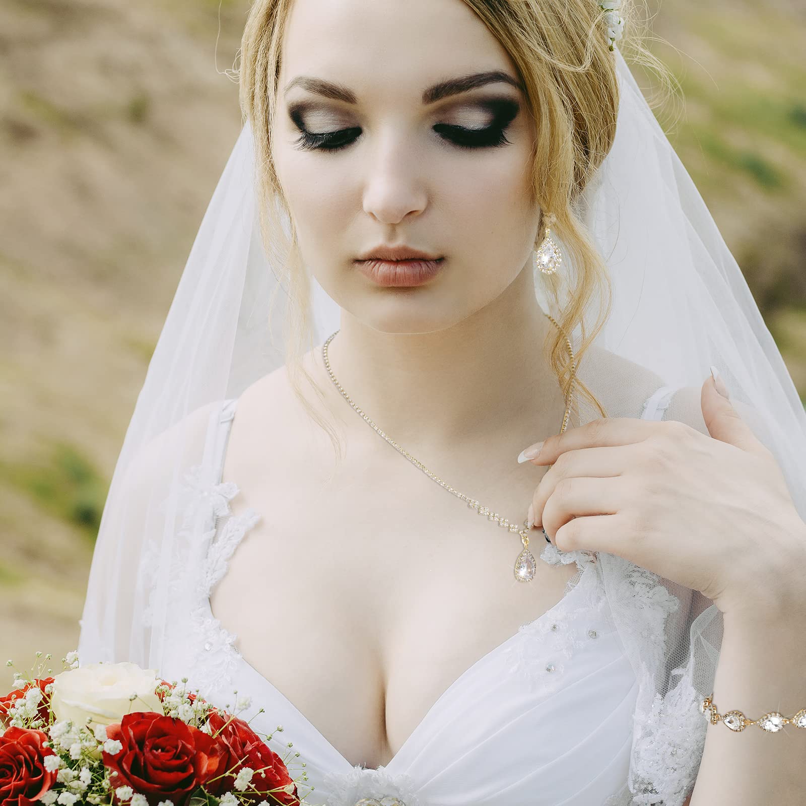 COCIDE Bride Jewelry Set Silver Crystal Wedding Necklace Earrings Bridal Rhinestone Teardrop Pendant Accessories for Women and Bridesmaids (3 piece set - 2 earrings and 1 necklace) - Image 5