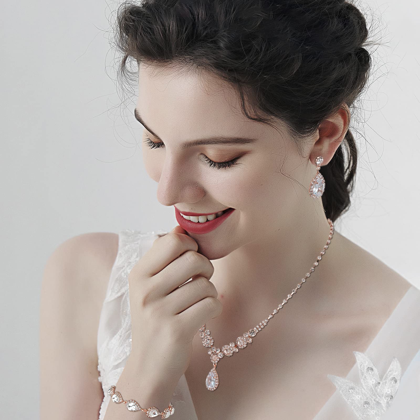 COCIDE Bride Jewelry Set Silver Crystal Wedding Necklace Earrings Bridal Rhinestone Teardrop Pendant Accessories for Women and Bridesmaids (3 piece set - 2 earrings and 1 necklace) - Image 6