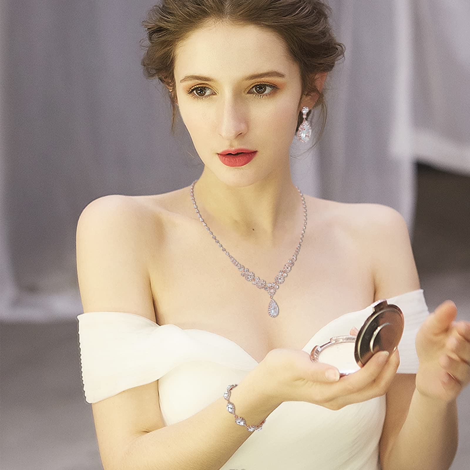 COCIDE Bride Jewelry Set Silver Crystal Wedding Necklace Earrings Bridal Rhinestone Teardrop Pendant Accessories for Women and Bridesmaids (3 piece set - 2 earrings and 1 necklace) - Image 8