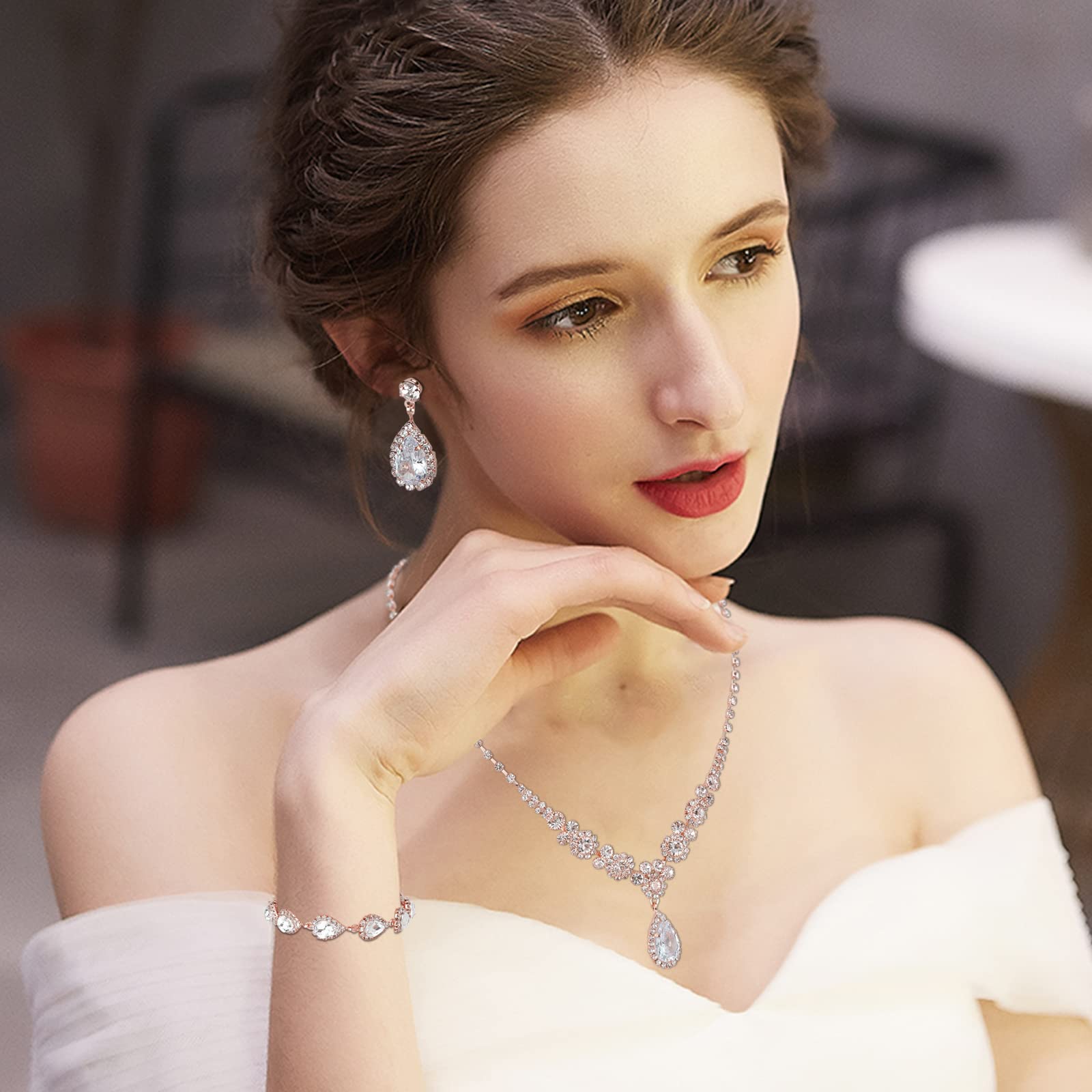 COCIDE Bride Jewelry Set Silver Crystal Wedding Necklace Earrings Bridal Rhinestone Teardrop Pendant Accessories for Women and Bridesmaids (3 piece set - 2 earrings and 1 necklace) - Image 9