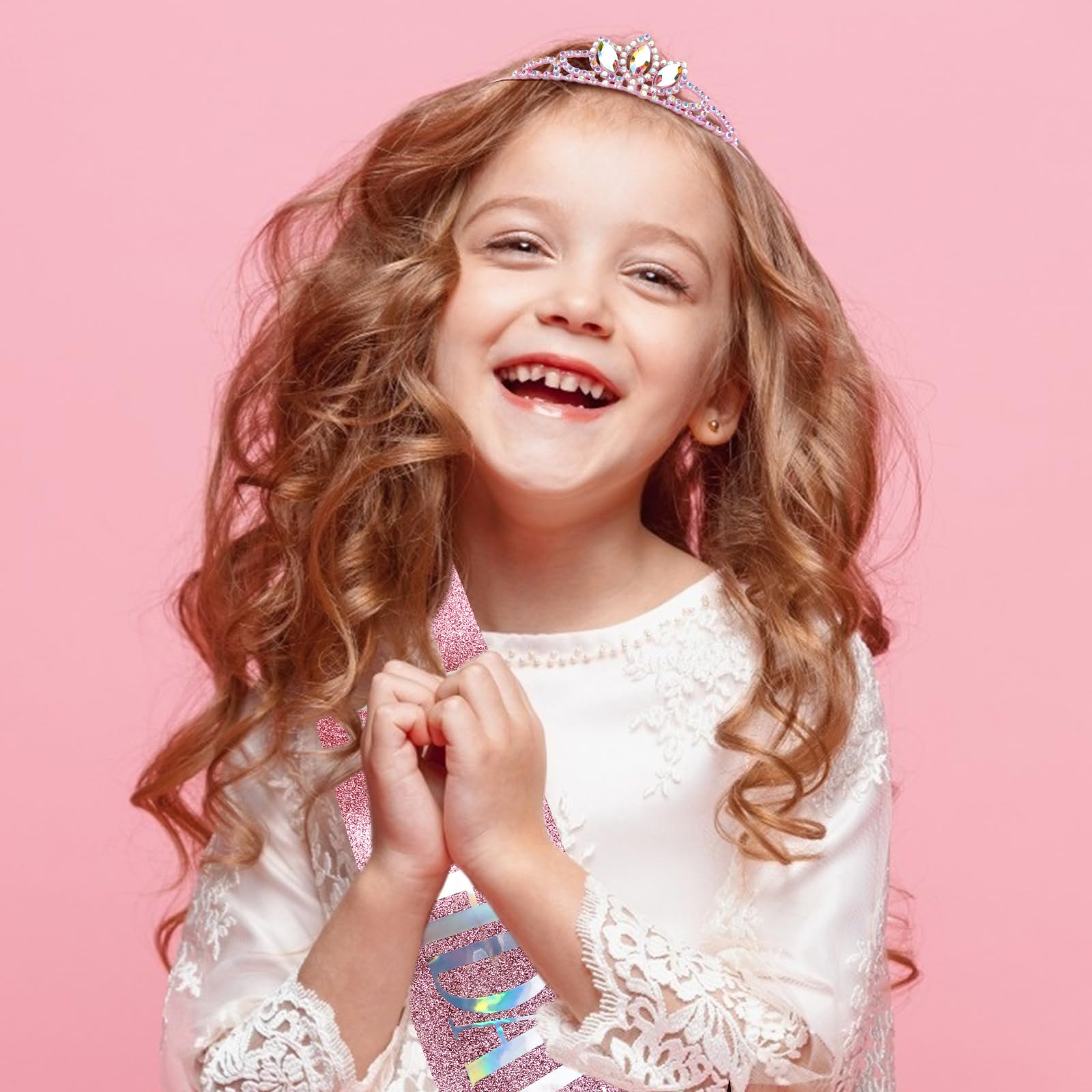 COCIDE Princess Sash and Tiara Set for Girls and Women - Birthday Party Accessories Kit with Pink Crown, Happy Birthday Decorations, Glitter Sash, Crystal Rhinestone - Image 3