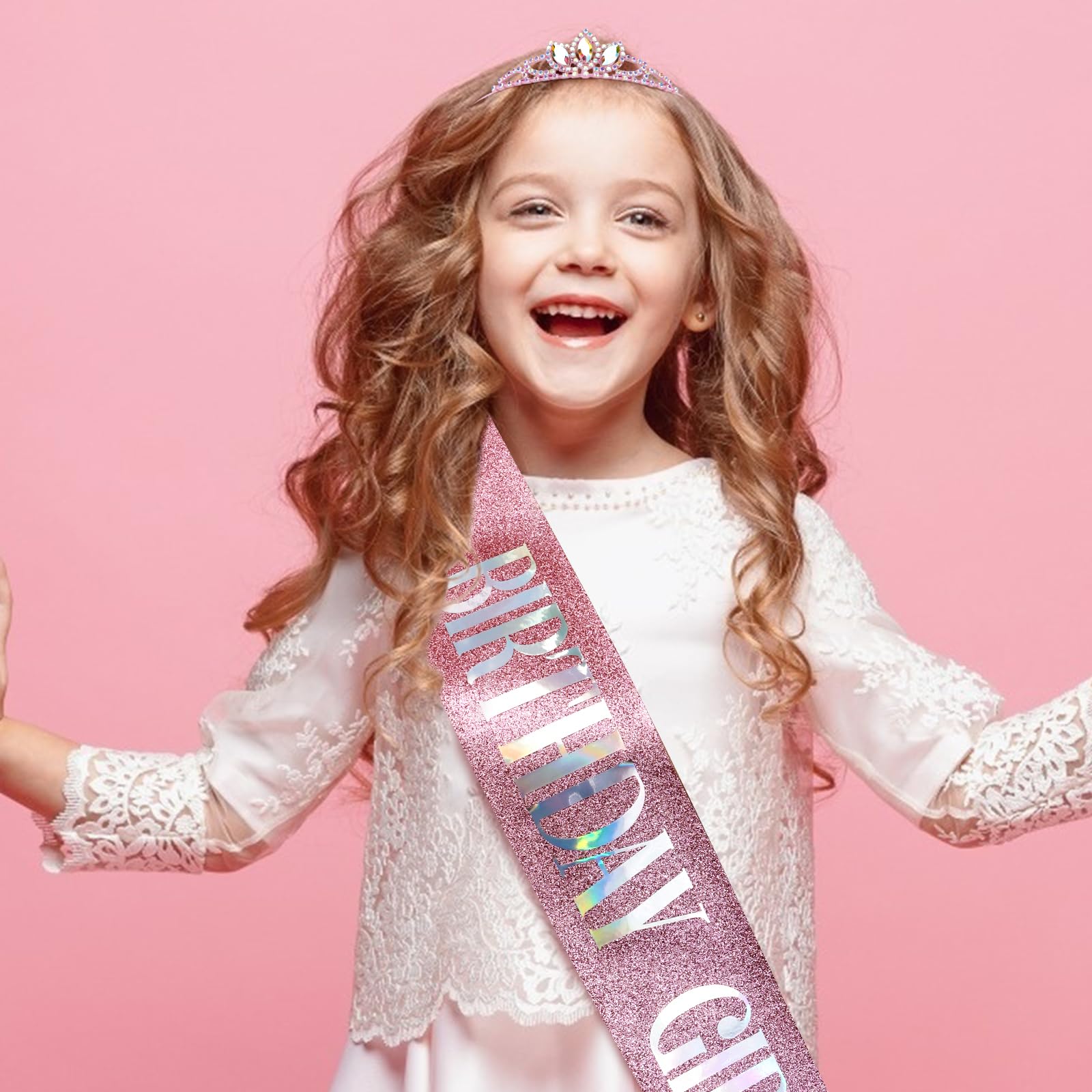 COCIDE Princess Sash and Tiara Set for Girls and Women - Birthday Party Accessories Kit with Pink Crown, Happy Birthday Decorations, Glitter Sash, Crystal Rhinestone - Image 4