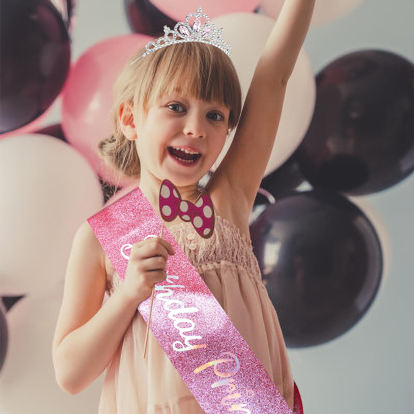 COCIDE Princess Sash and Tiara Set for Girls and Women - Happy Birthday Party Accessories Kit with Pink Crown, Crystal Rhinestone Tiara, Glitter Sash Decorations - Image 3