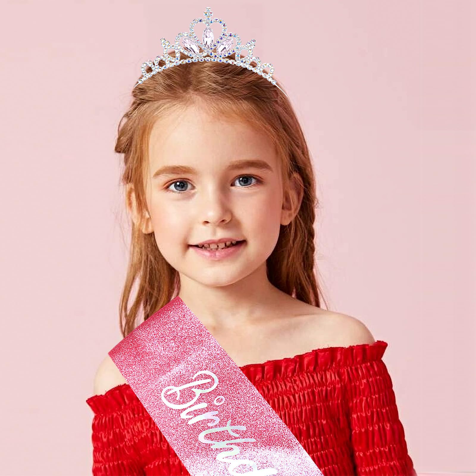 COCIDE Princess Sash and Tiara Set for Girls and Women - Happy Birthday Party Accessories Kit with Pink Crown, Crystal Rhinestone Tiara, Glitter Sash Decorations - Image 4