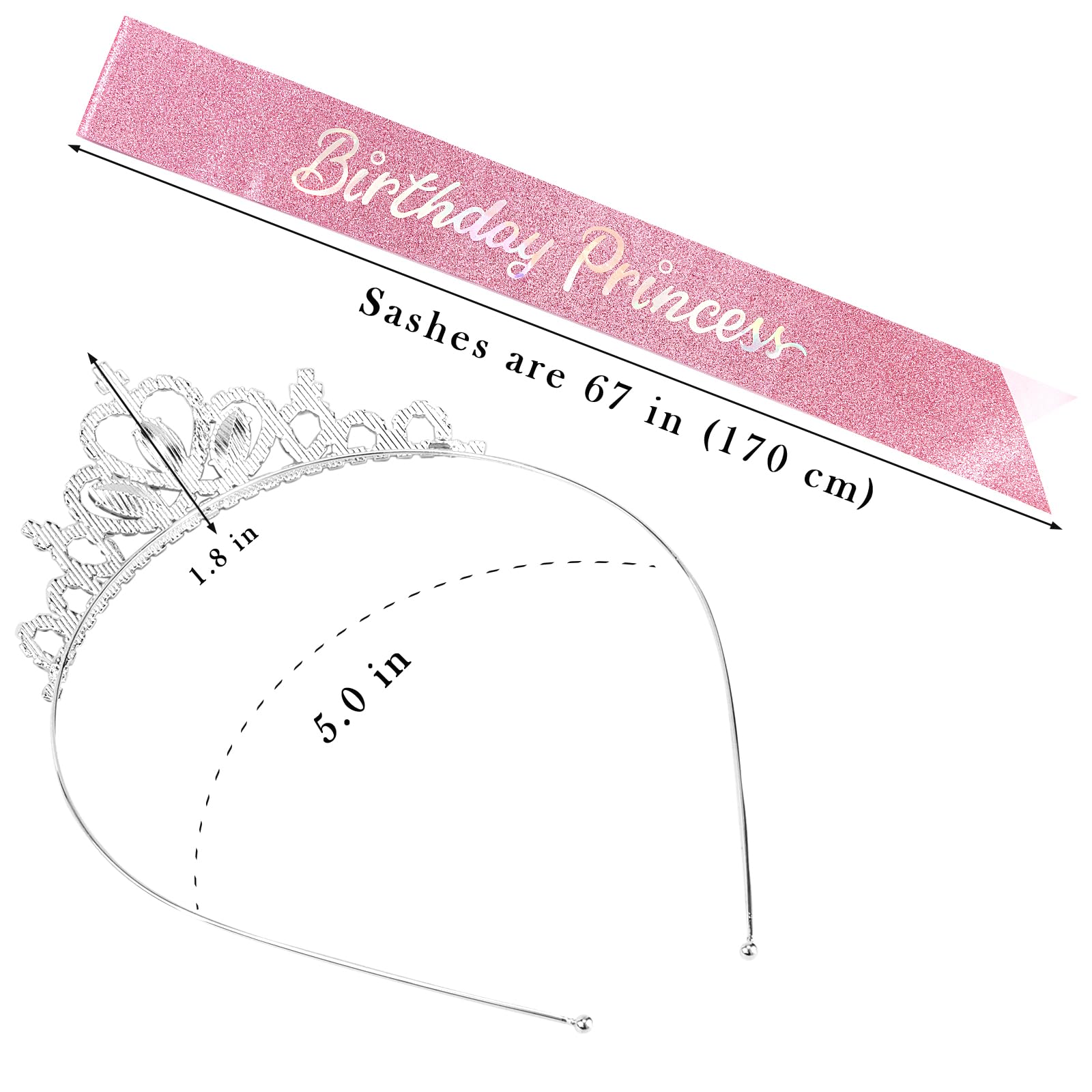 COCIDE Princess Sash and Tiara Set for Girls and Women - Happy Birthday Party Accessories Kit with Pink Crown, Crystal Rhinestone Tiara, Glitter Sash Decorations - Image 6