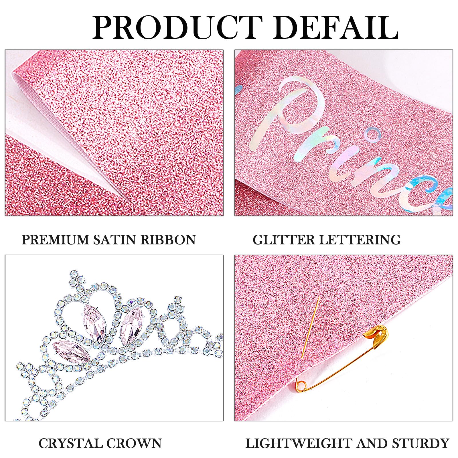 COCIDE Princess Sash and Tiara Set for Girls and Women - Happy Birthday Party Accessories Kit with Pink Crown, Crystal Rhinestone Tiara, Glitter Sash Decorations - Image 7