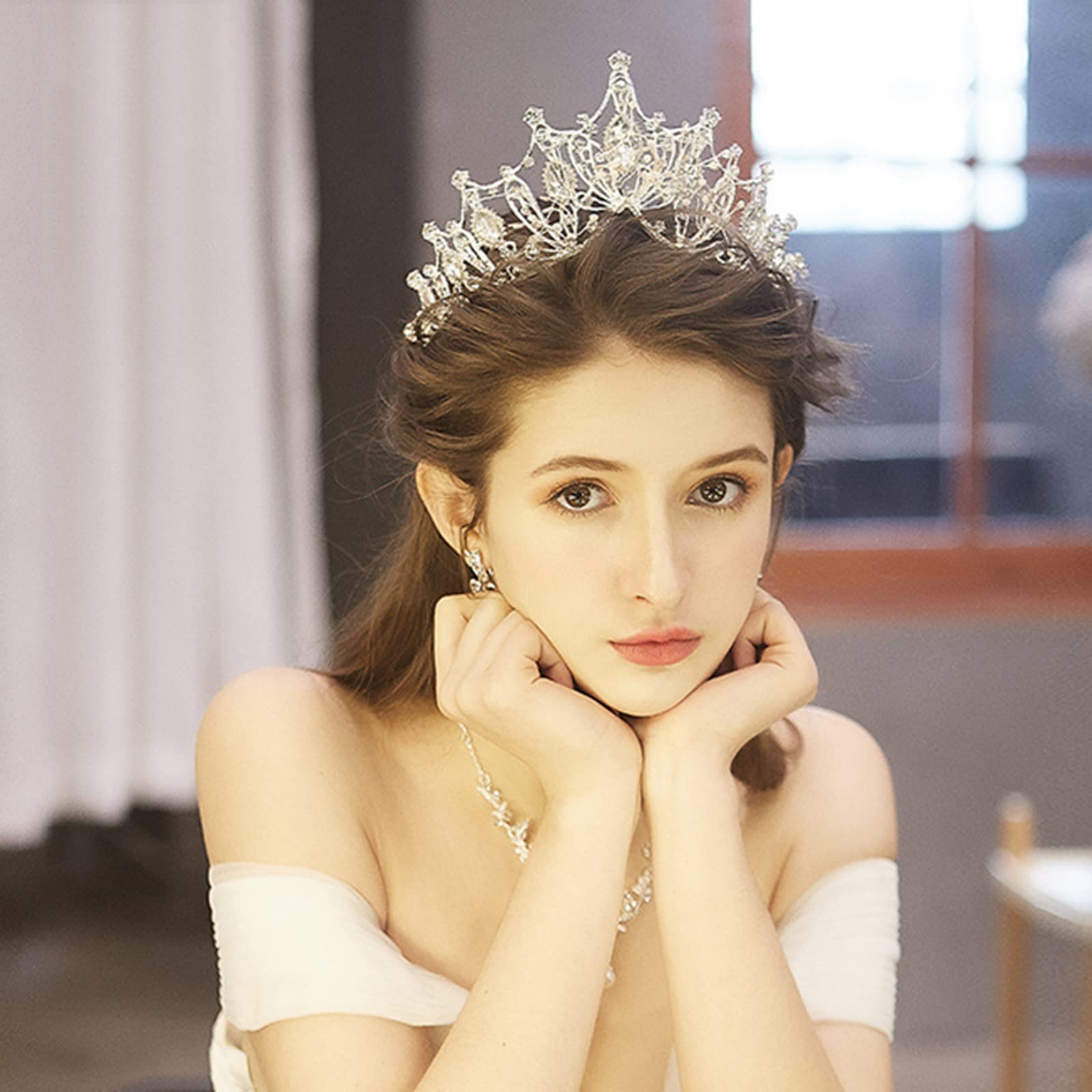 COCIDE Silver Jewelry Set for Women Crystal Tiara and Necklace Kit for Girls Rhinestone Crown Earrings Neck Accessories for Bride Wedding Birthday Party Bridal Prom Bridesmaid Dress up - Image 3